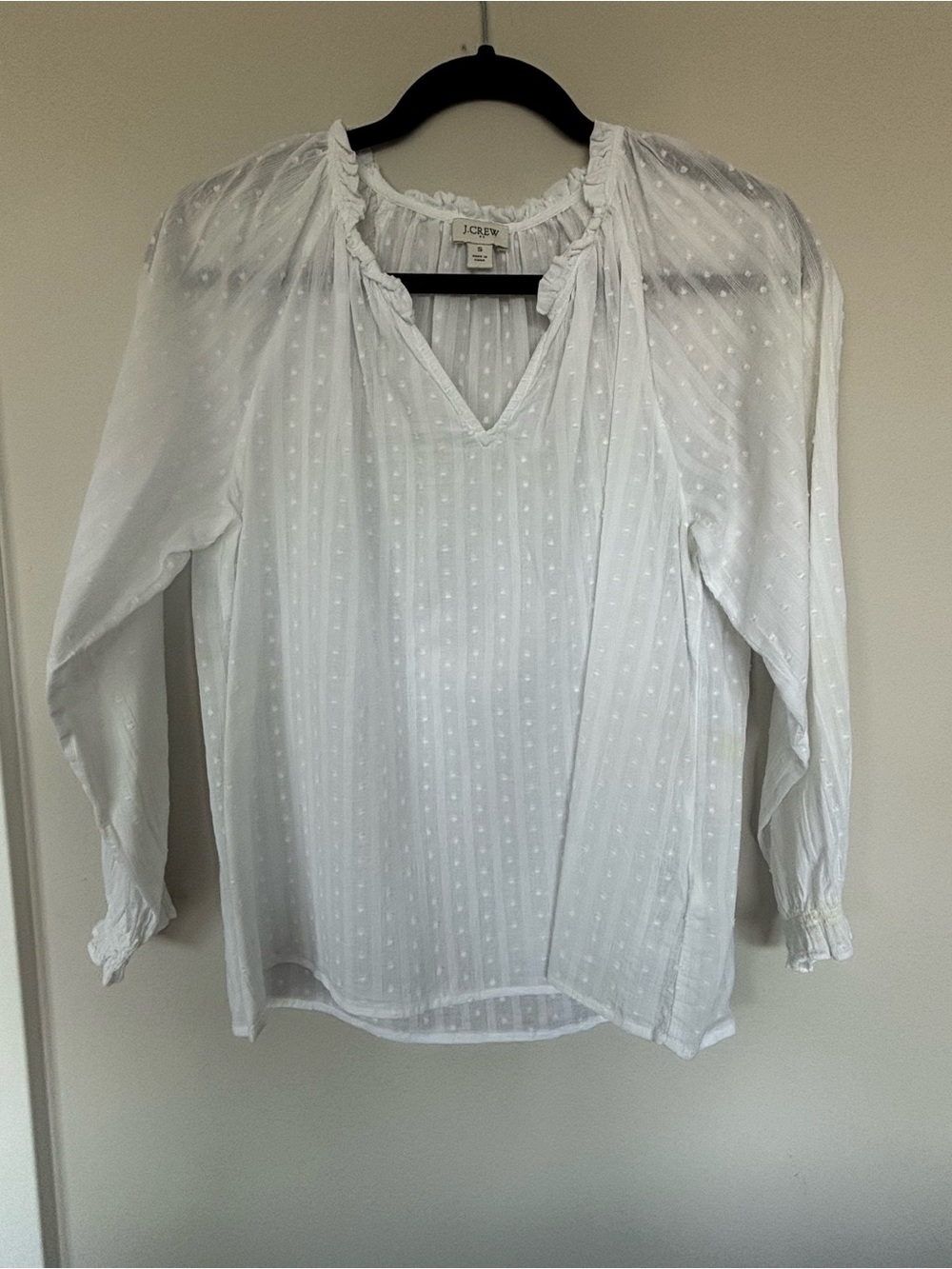 J. Crew White Swiss Dot Peasant Top with V-Neck